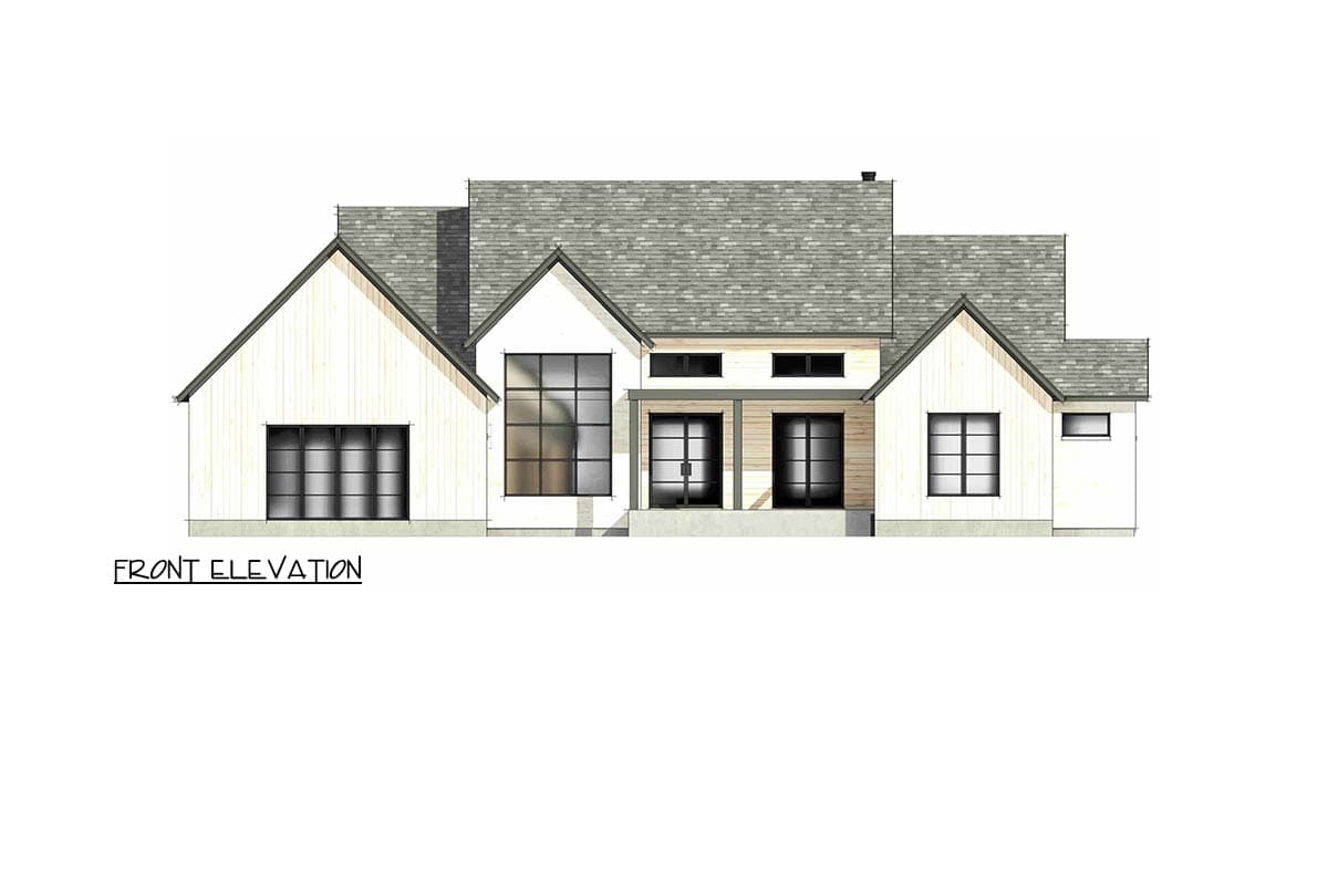 Front elevation drawing of a modern house with gabled roofs, large windows, and a covered entryway with double doors.