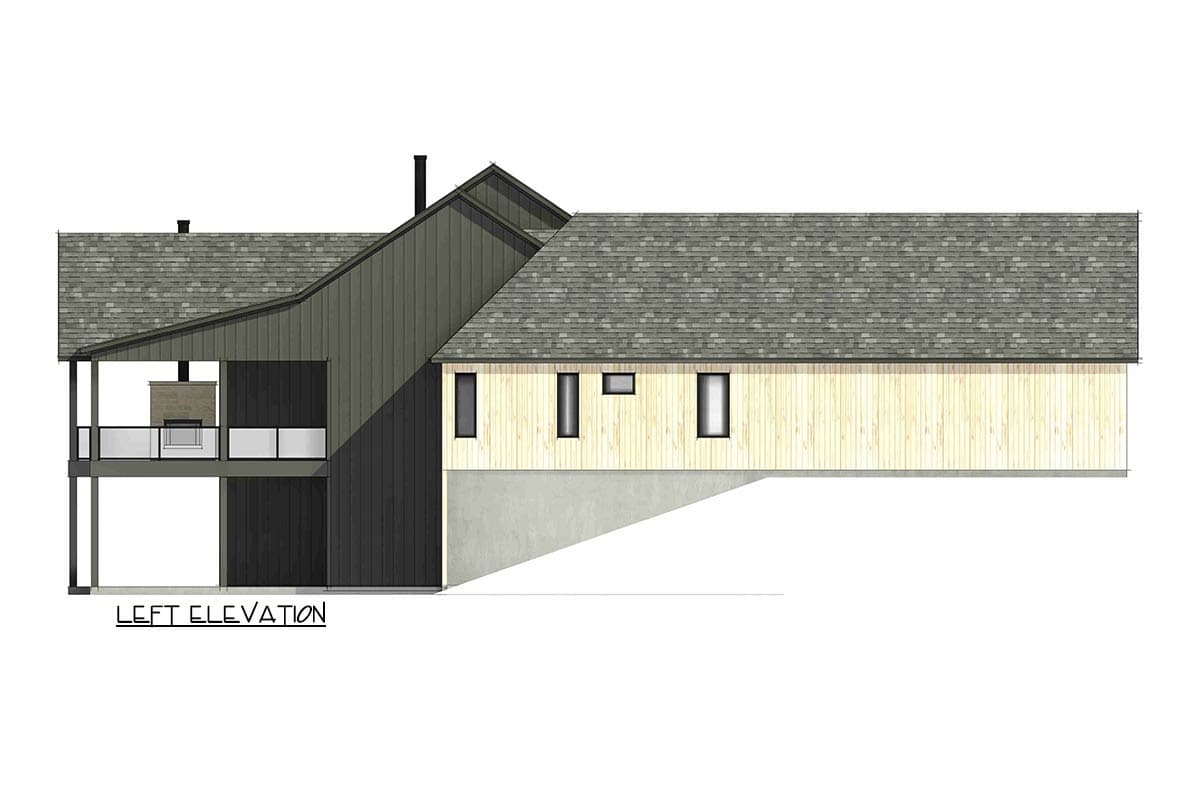 Left elevation house plan with two stories, covered porch with fireplace, and varied rooflines.