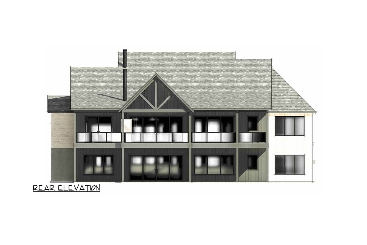 Rear elevation drawing of a multi-story house with a prominent gable, balconies, and varied window sizes.