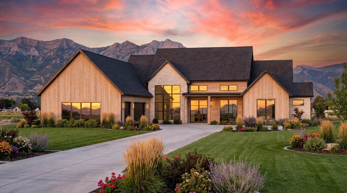 Modern house plan exterior with wood siding, stone accents, large windows, and multiple gables.