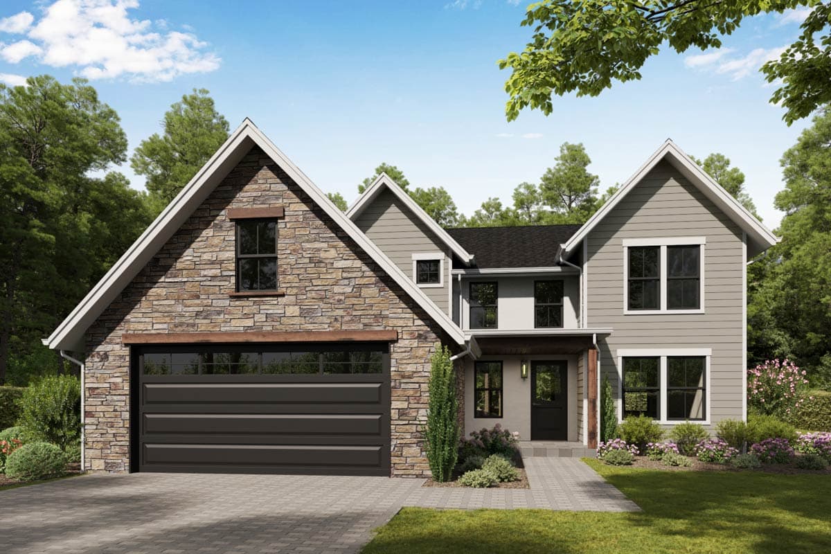 House plan exterior with two stories. Features include a stone facade, gable roof, and attached garage. A covered entryway is visible.