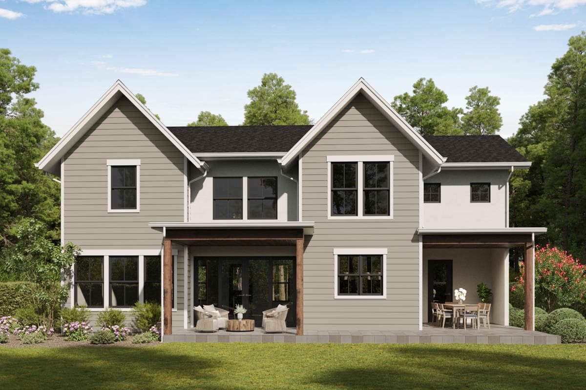 Modern Farmhouse house plan exterior, two stories, prominent gables, covered patio with seating, and large windows.