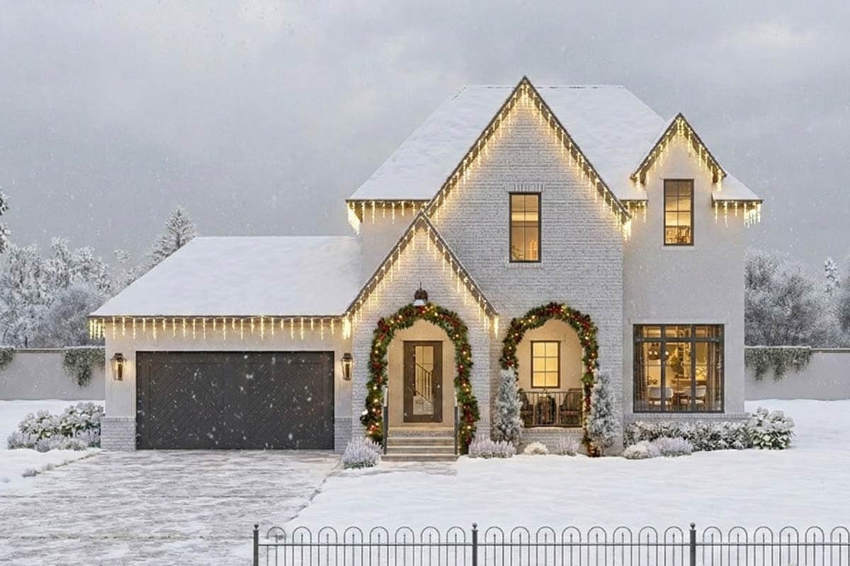 House plan exterior: Two-story brick home with gabled rooflines, covered entry, arched porch, and attached garage.