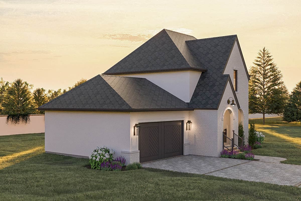 House plan exterior with multi-level gables, stucco and brick facade, and a two-car garage.
