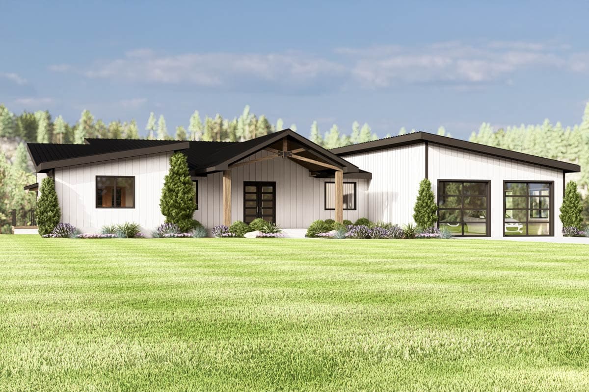 Modern house plan exterior with a shed roof, covered entry with wood beams, and a three-car garage with glass doors.