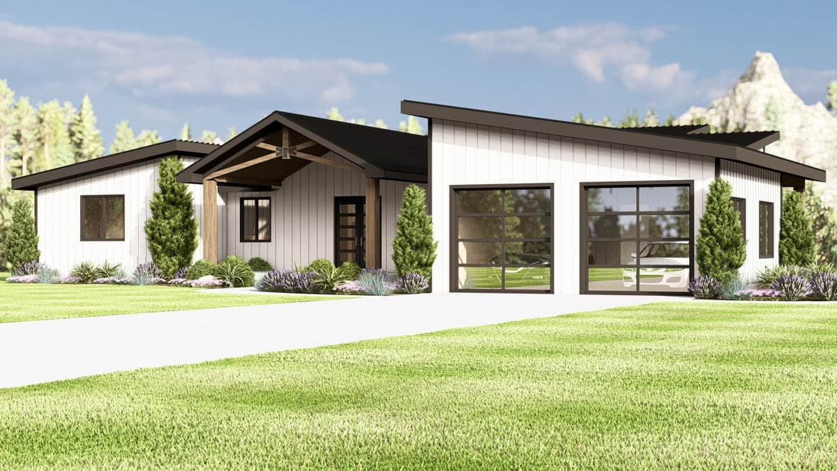 Modern house plan exterior with a single-story design, asymmetrical rooflines, exposed beam entry, and a two-car glass garage.