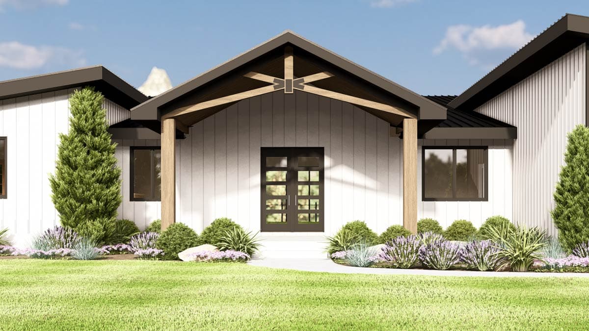 Modern house plan exterior with white vertical siding, exposed wood beams, dark metal roof, and dual glass entry doors.