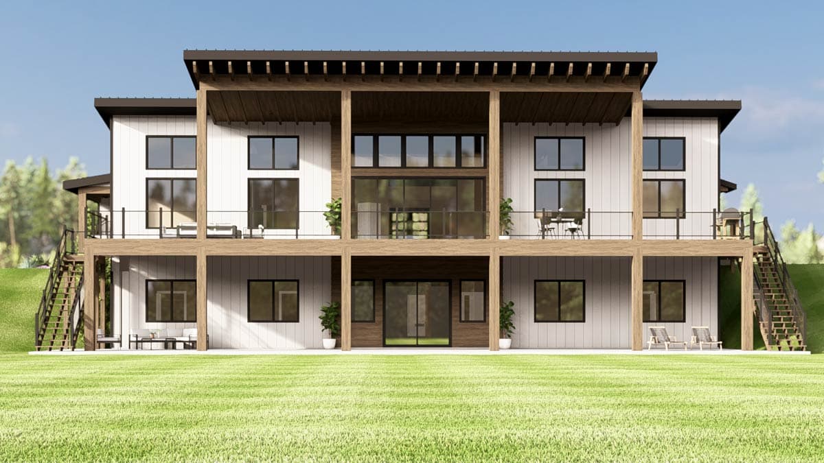 Modern house plan exterior with two stories, white siding, upper deck, and prominent wood beams.