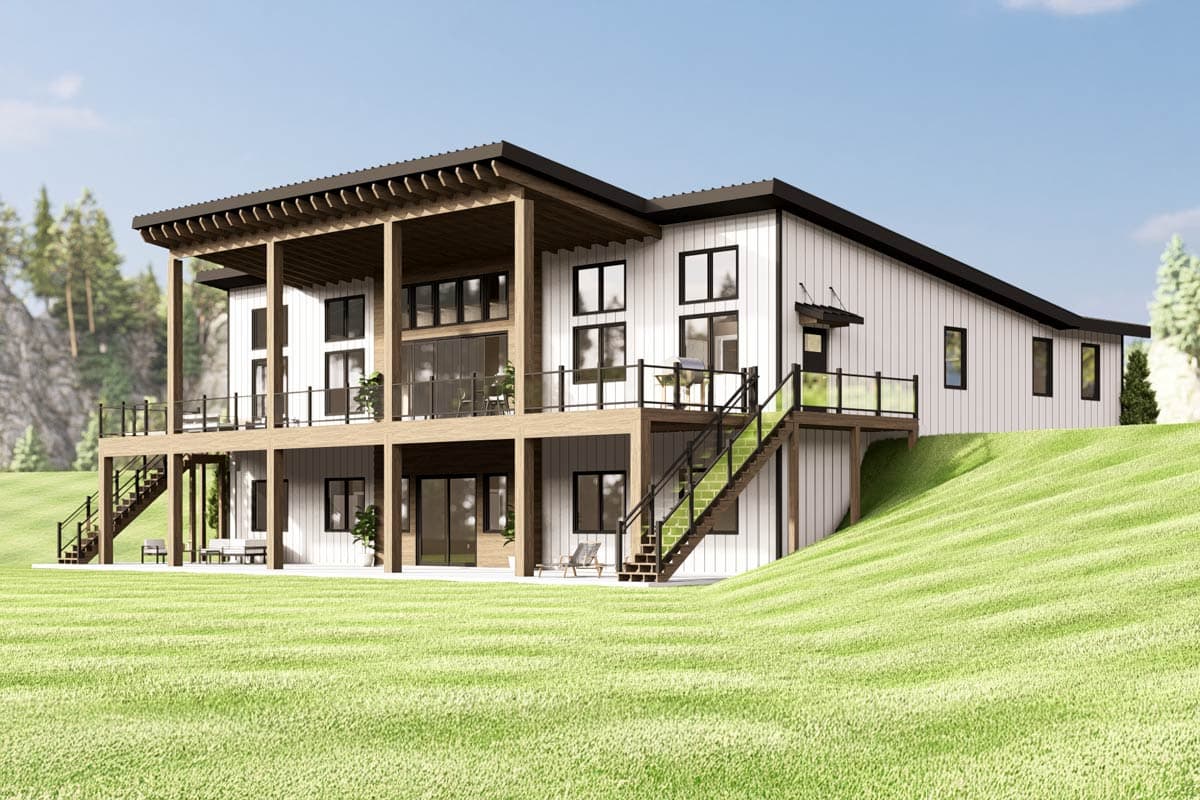 Modern house plan exterior featuring a two-story design with a covered deck, large windows, and multiple staircases.