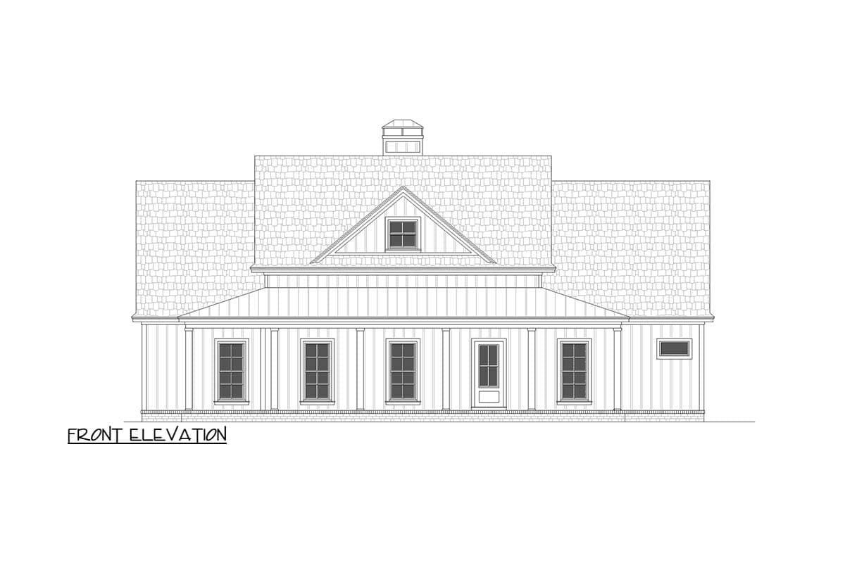 Front elevation of a house plan featuring a dormer, gabled roof, cupola, and a covered porch with columns.