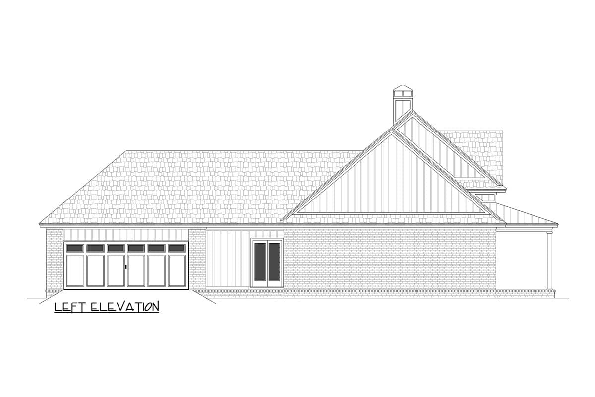Left elevation drawing of a house plan with brick and vertical siding, a gable roof, and a multi-panel garage door.