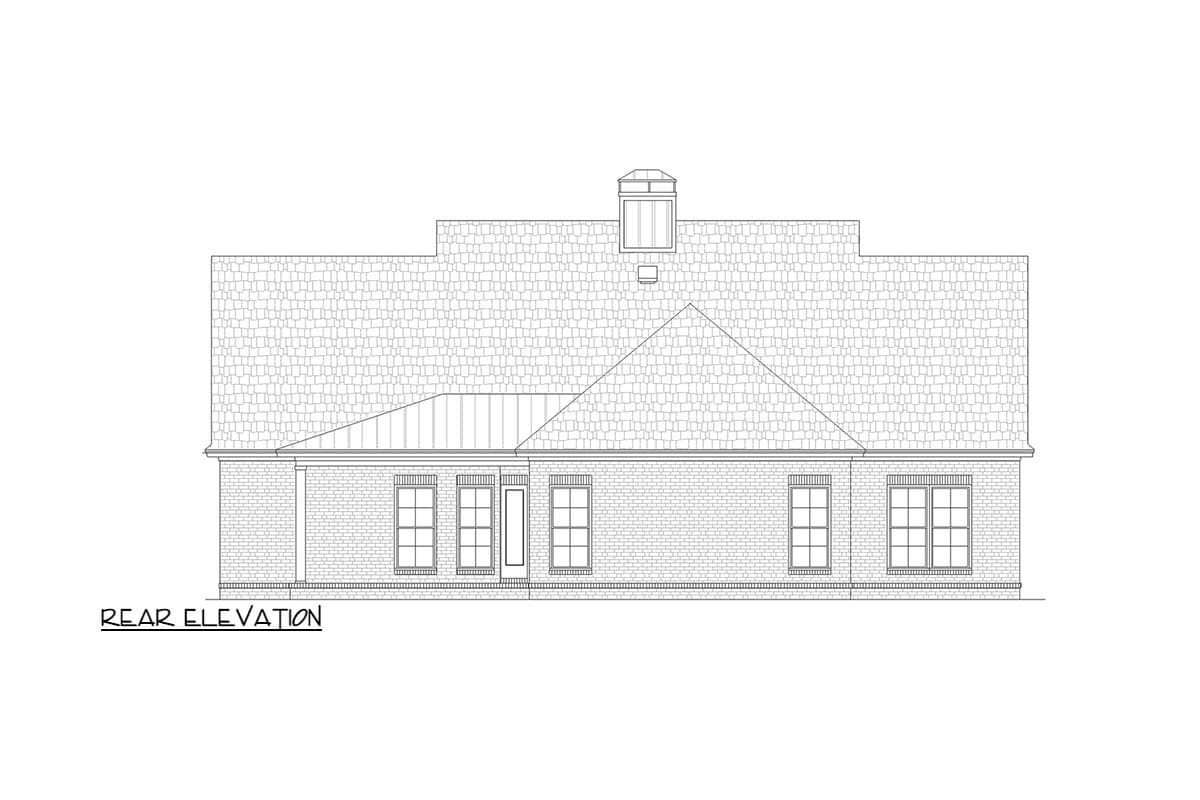 Rear elevation drawing of a house plan with a hip roof, dormer, and brick exterior featuring multiple windows and French doors.