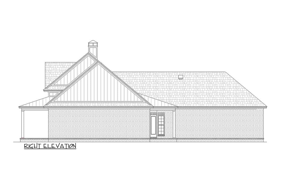 Right elevation house plan showing a single-story structure with a brick exterior, gabled roofline, and a prominent chimney.