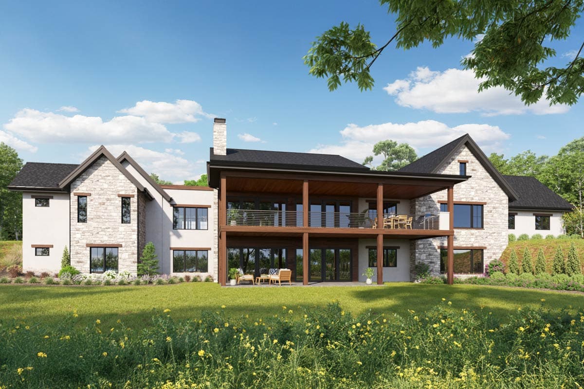 House plan exterior: Modern style, two stories, stone accents, large covered decks, and multiple gables.