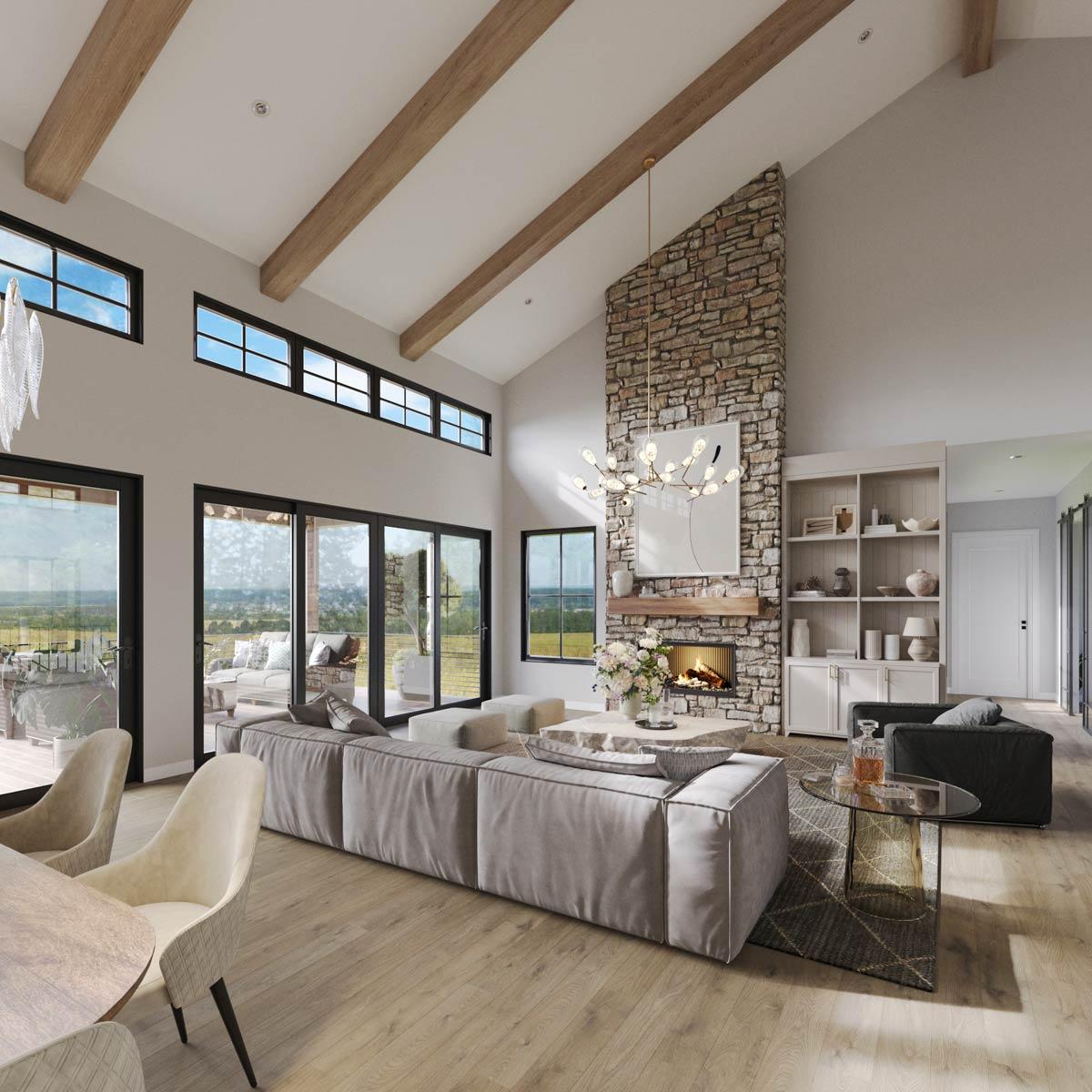 Open concept great room with vaulted ceilings, exposed beams, stone fireplace, large windows, and sliding glass doors.