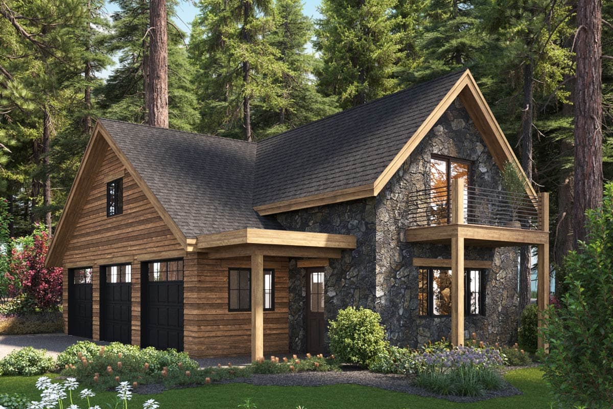 House plan exterior. Two-story cabin style home with stone and wood siding. Features include gabled roof, balcony, and covered porch.