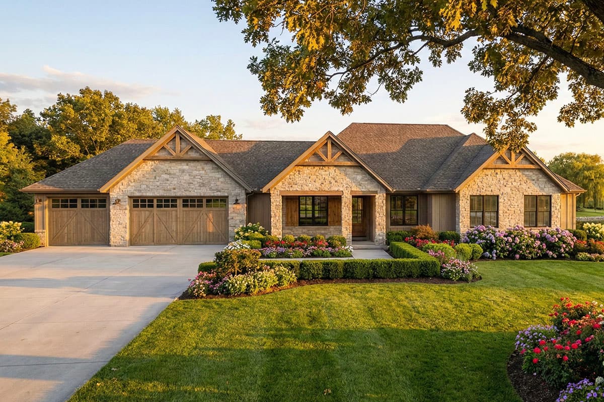 Exterior shot of a modern farmhouse. Features stone veneer, wooden garage doors, and lush landscaping, set against a sunset sky.