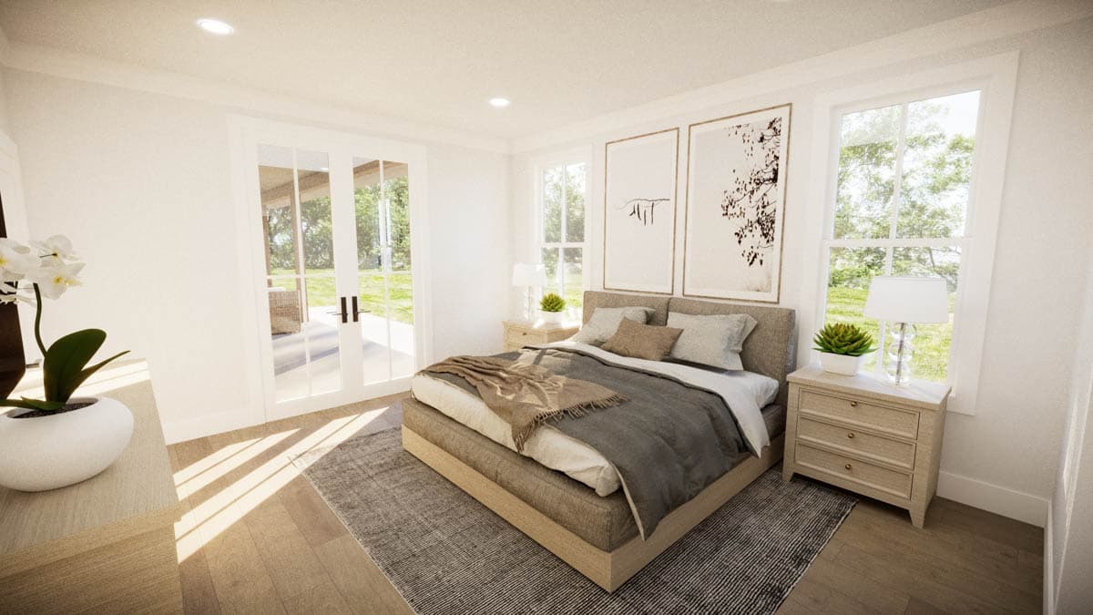 A modern bedroom with a bed, two nightstands, large windows, and a glass door leading to the outdoors.
