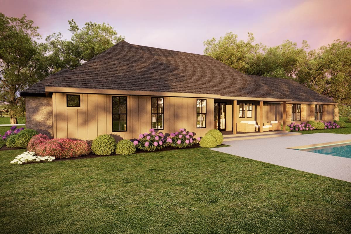 Exterior rendering of a modern, single-story house with a pool. Features include vertical wood siding, large windows, and manicured landscaping.