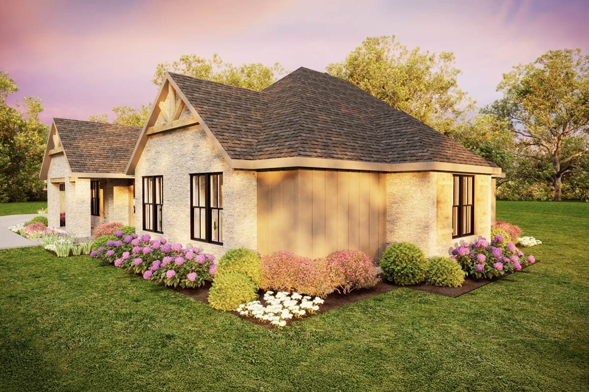 Exterior rendering of a charming house with stone facade, black-framed windows, surrounded by landscaping.