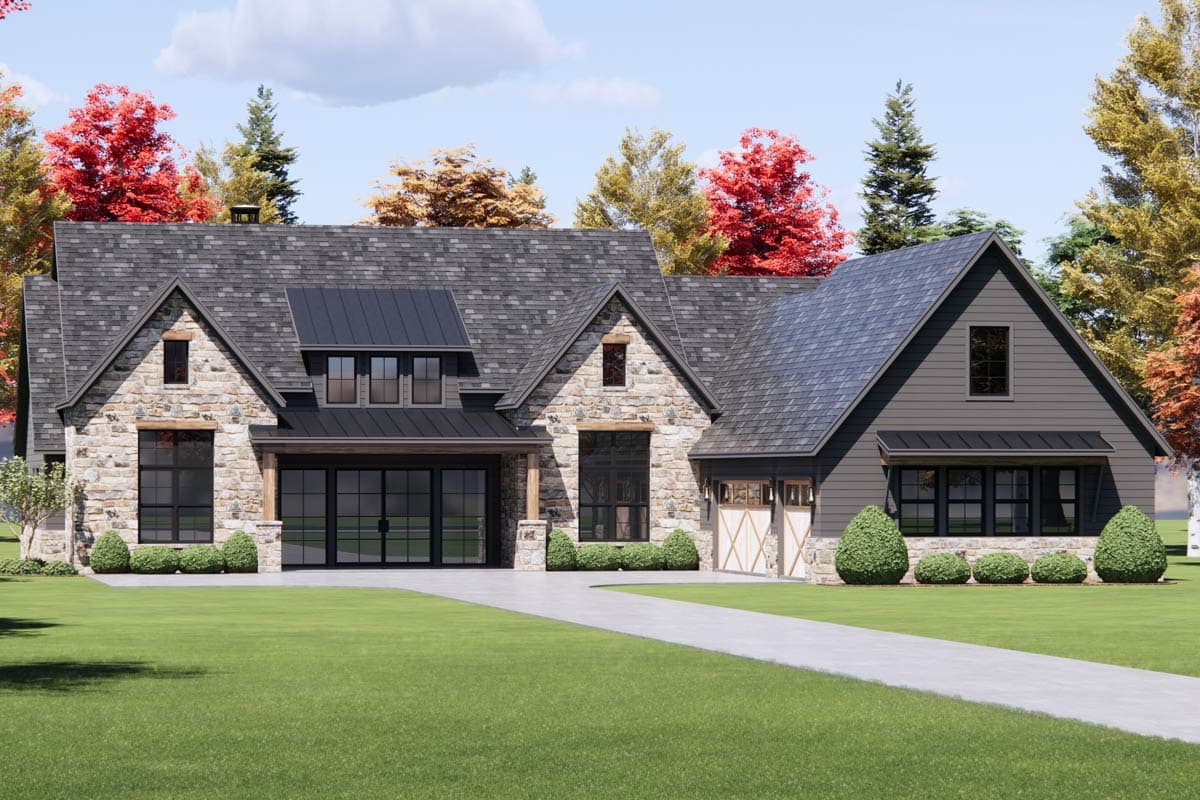 House plan exterior with stone and siding facade, multiple gables, and a mix of garage orientations. Two-story home with a dark gray roof.