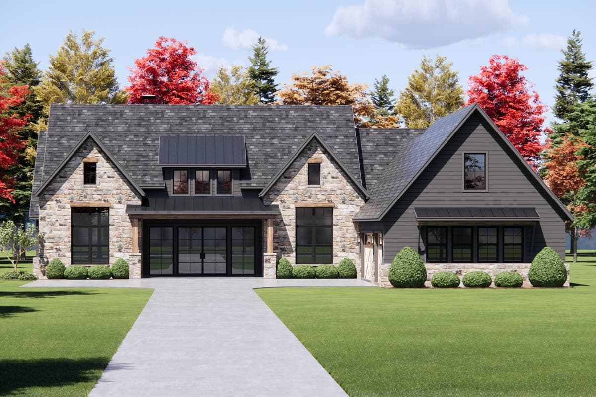House plan exterior featuring stone and dark siding, multiple gables, a metal roof accent, and a three-car garage.