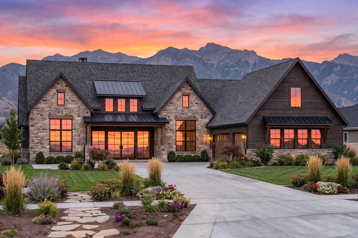 House plan exterior: Two-story modern farmhouse with stone and dark wood siding, multiple gables, and large windows.