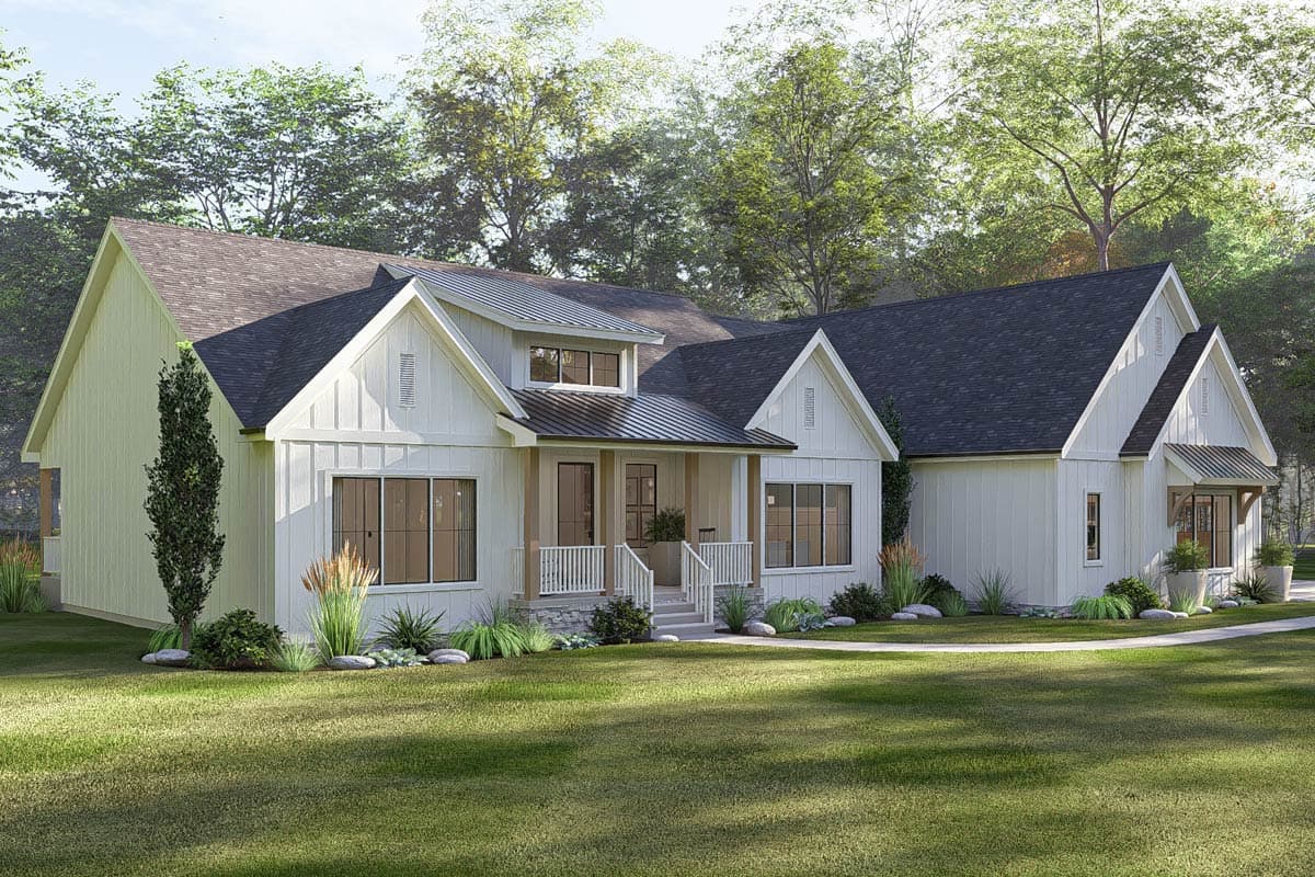 House plan exterior: Modern Farmhouse style, one-story, with a covered porch, metal roof accents, and board-and-batten siding.
