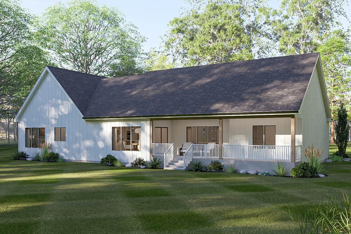 House plan exterior: One-story Modern Farmhouse with board and batten siding, gable roof, and wraparound porch.