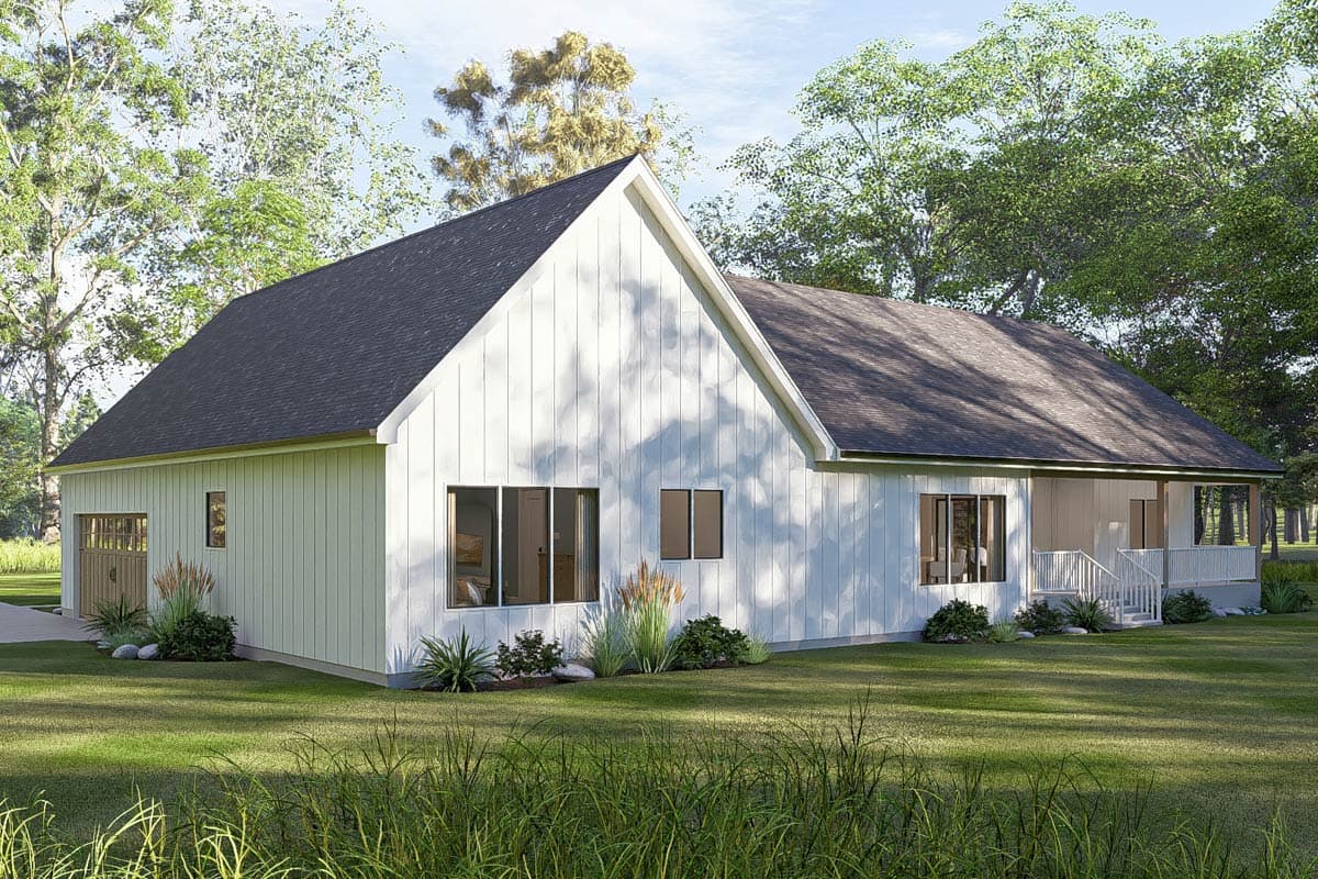 House plan exterior: Modern Farmhouse style, one story, with gabled front, board-and-batten siding, and covered porch.