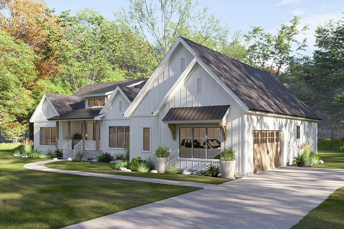 Modern Farmhouse house plan exterior with white board and batten siding, gables, dormers, and attached garage.