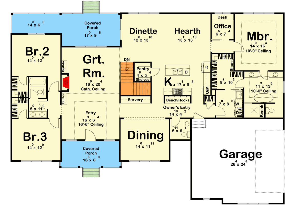 Plan 623537DJ: Transitional Farmhouse House Plan with Split Bedrooms - Floor Plan - Main Level - Farmhouse, Transitional