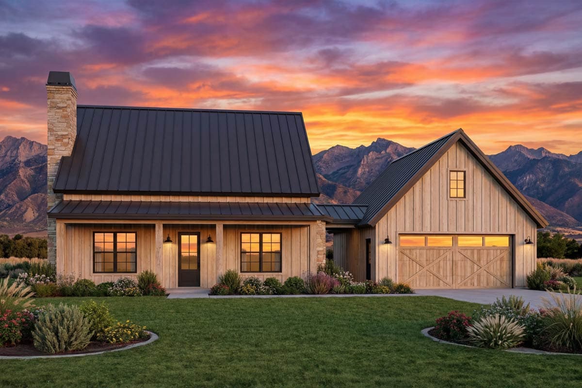 Modern Farmhouse house plan exterior with a covered porch, stone chimney, and a two-car garage with a X-braced door.