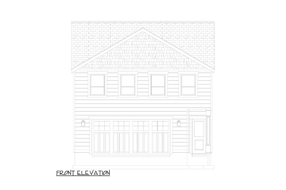 Front elevation drawing of a two-story house plan with a prominent gable, double garage door, and covered entry.
