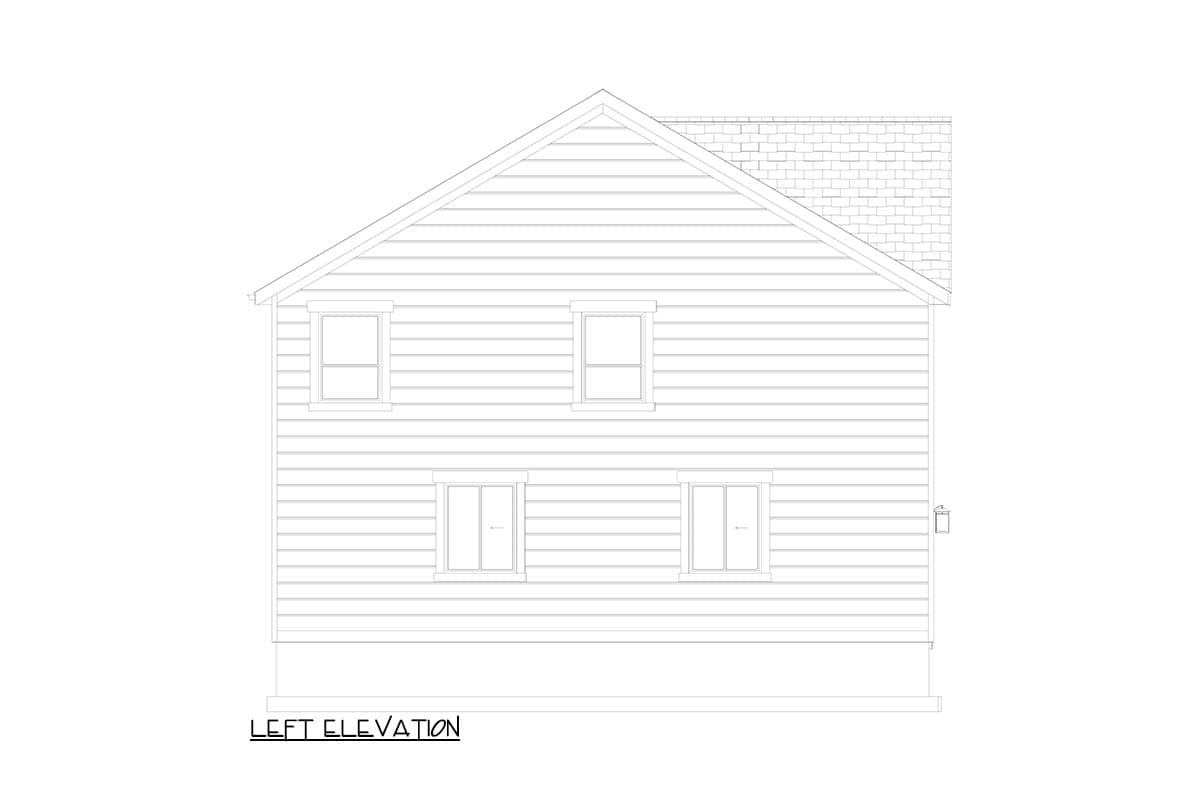 Left elevation drawing of a two-story house with horizontal siding, gabled roof, and six windows.