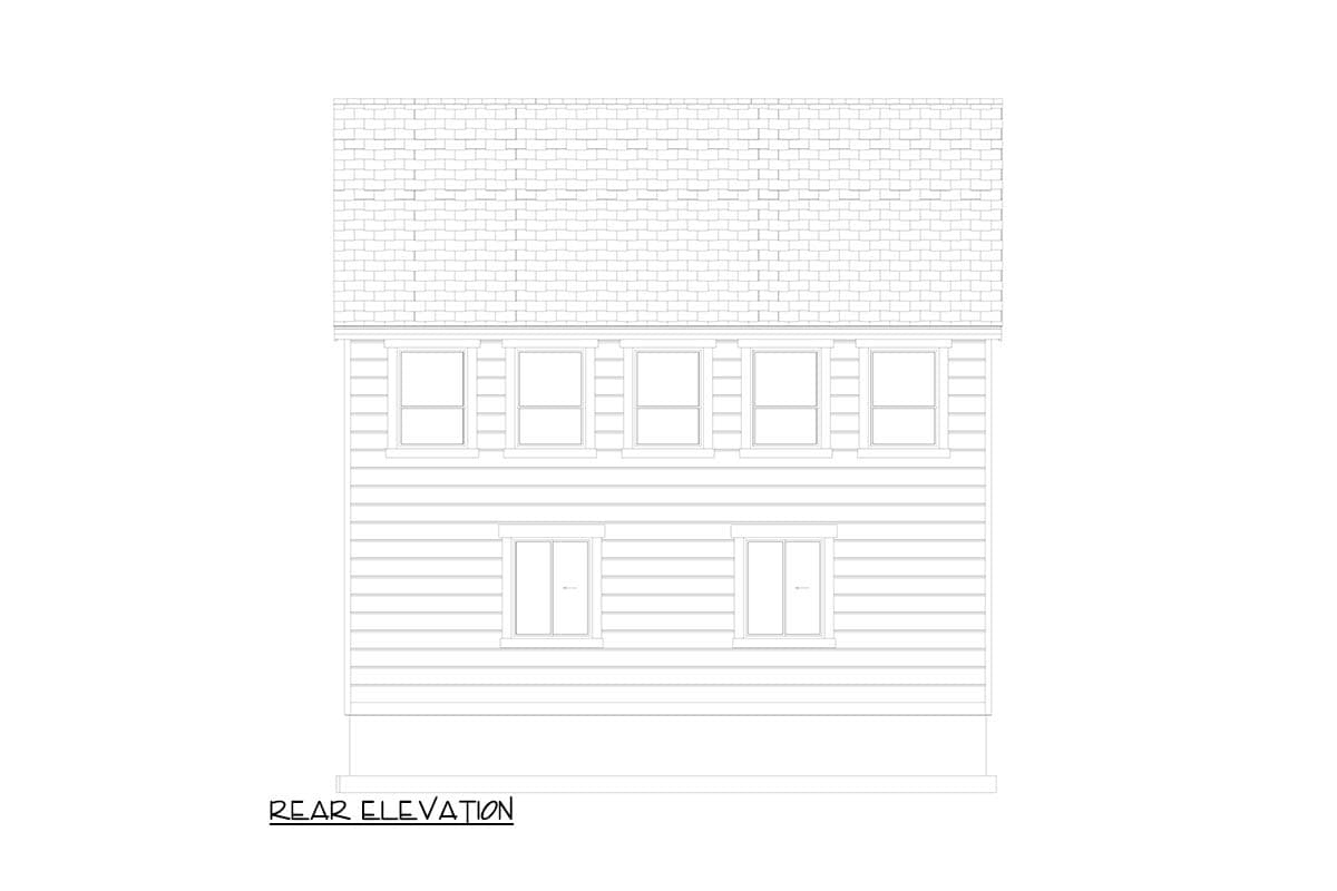 Rear elevation drawing of a two-story house plan with five upper windows and two lower windows.