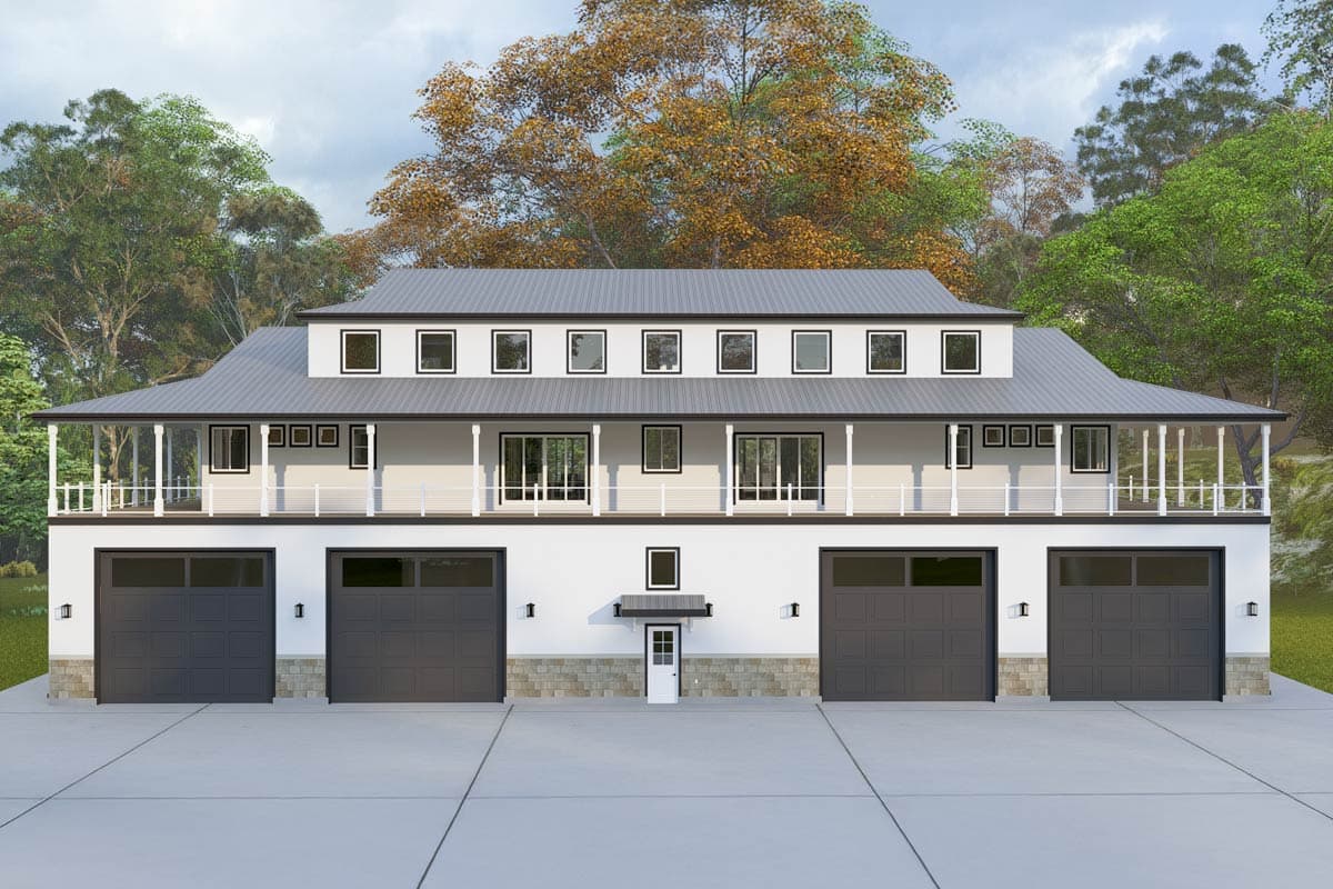 House plan exterior. Two-story modern style with shed roof, covered balcony, and multiple garage bays. Features multiple windows and doors.