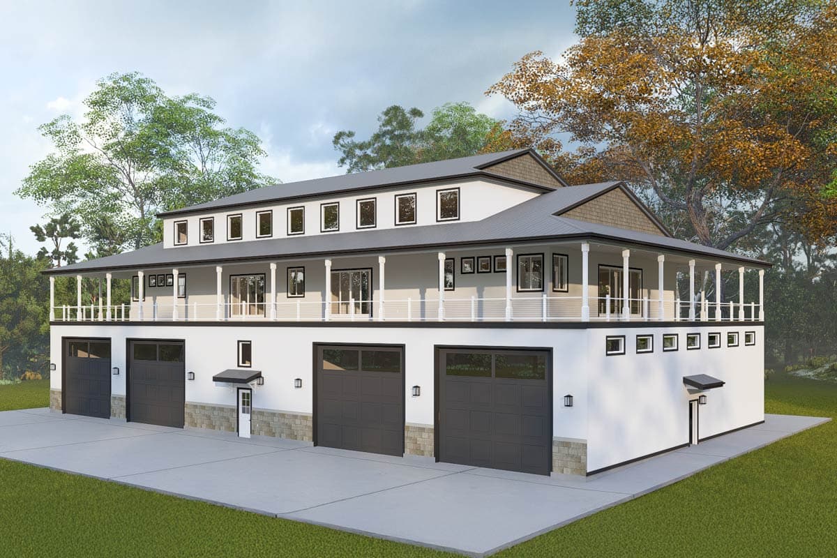 House plan exterior: Modern style, two stories, wrap-around porch, multiple garage doors, and numerous upper-level windows.
