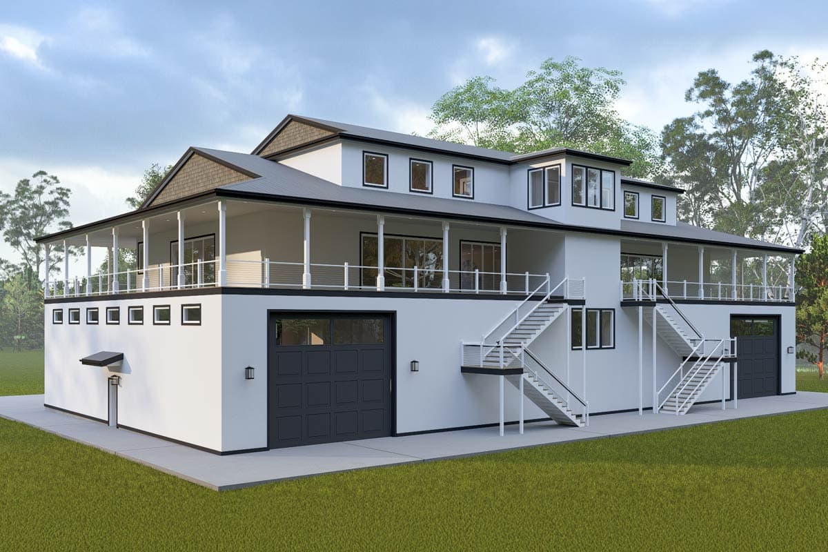 House plan exterior featuring a modern style, two stories, wraparound porch, two garages, and prominent exterior staircases.