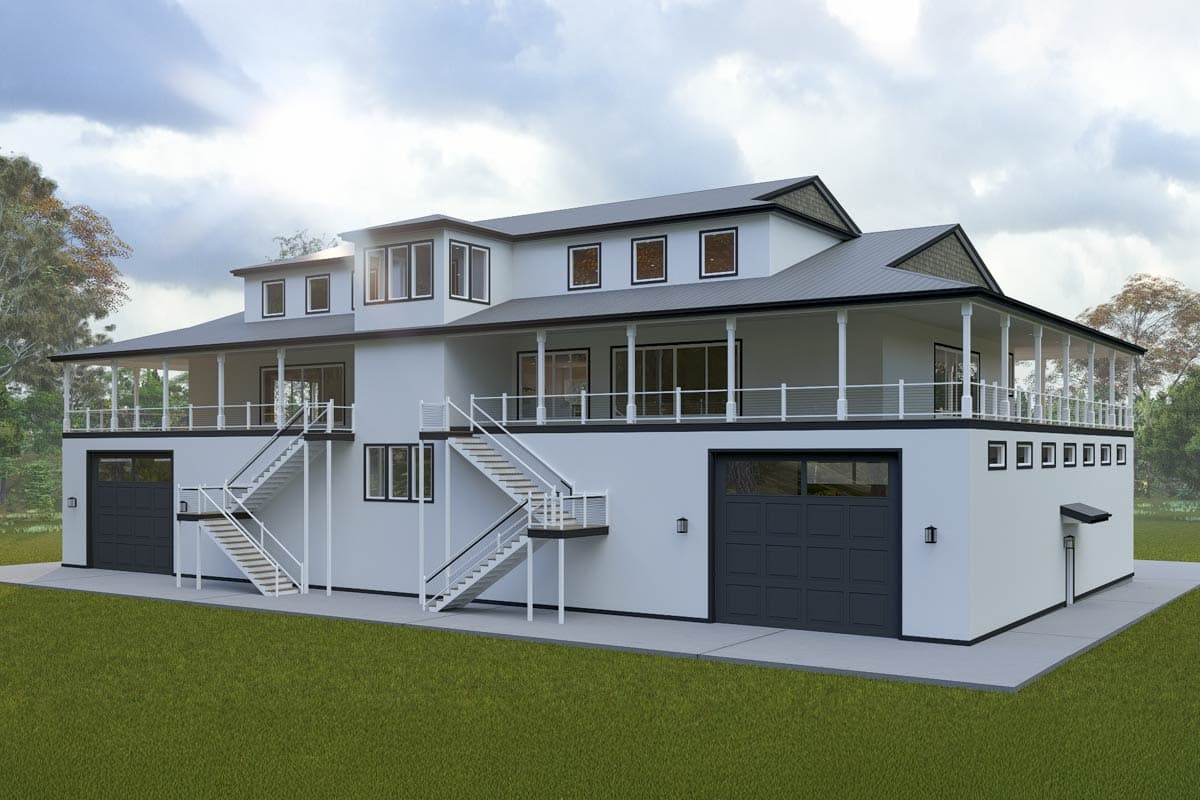House plan exterior rendering: Modern style, two stories, wraparound porch, twin garages, and double external staircases.