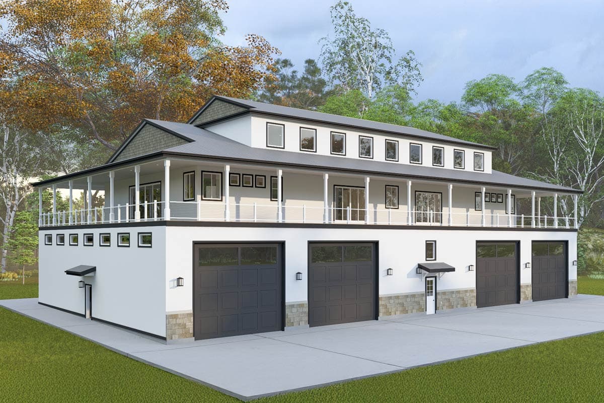 House plan exterior: Modern style, two stories, extensive wrap-around upper deck, and four-car garage.