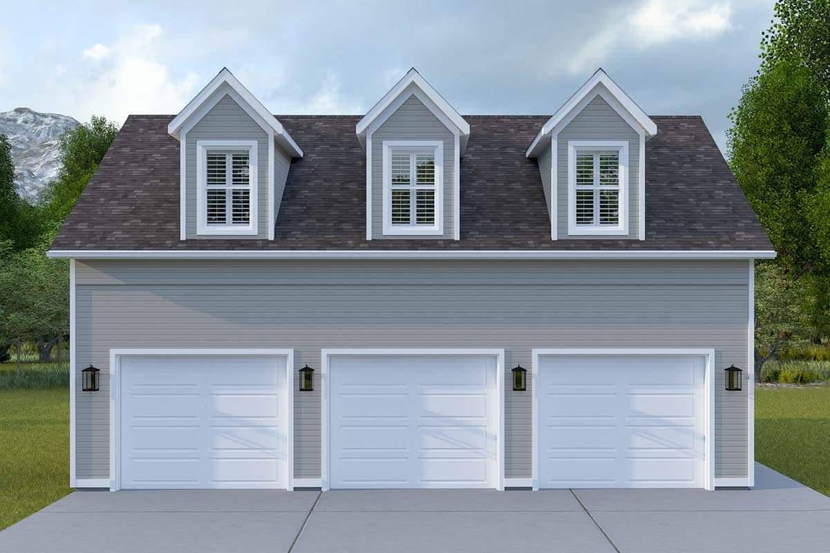 House plan exterior with three-car garage. Features include three dormers with shuttered windows, a gabled roofline, and three garage doors.