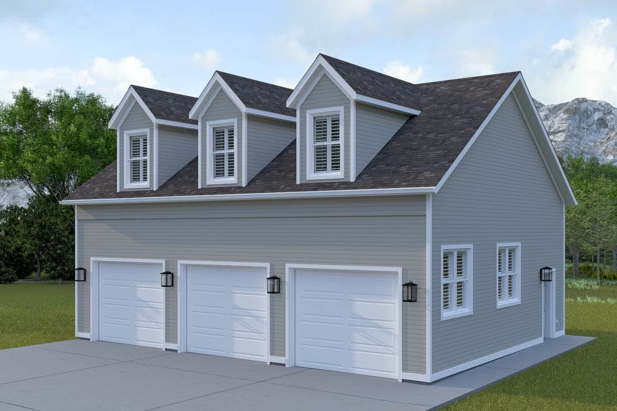 House plan exterior with three garage bays, vinyl siding, dormer windows, and a gabled roof.