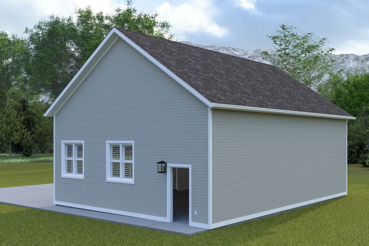 House plan exterior: One-story structure with gabled roof, two windows, and a side entry door.