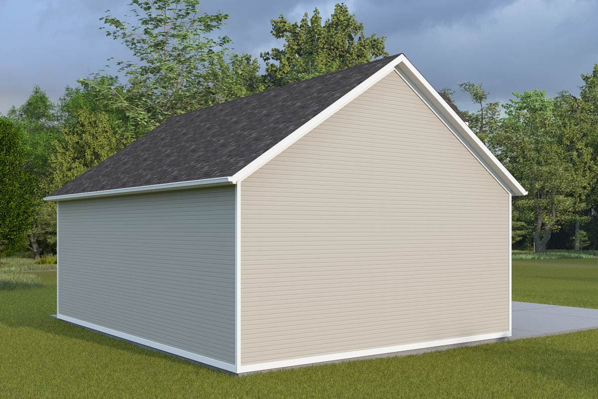House plan exterior rendering of a one-story building with beige siding, a dark asphalt shingle roof, and white trim.
