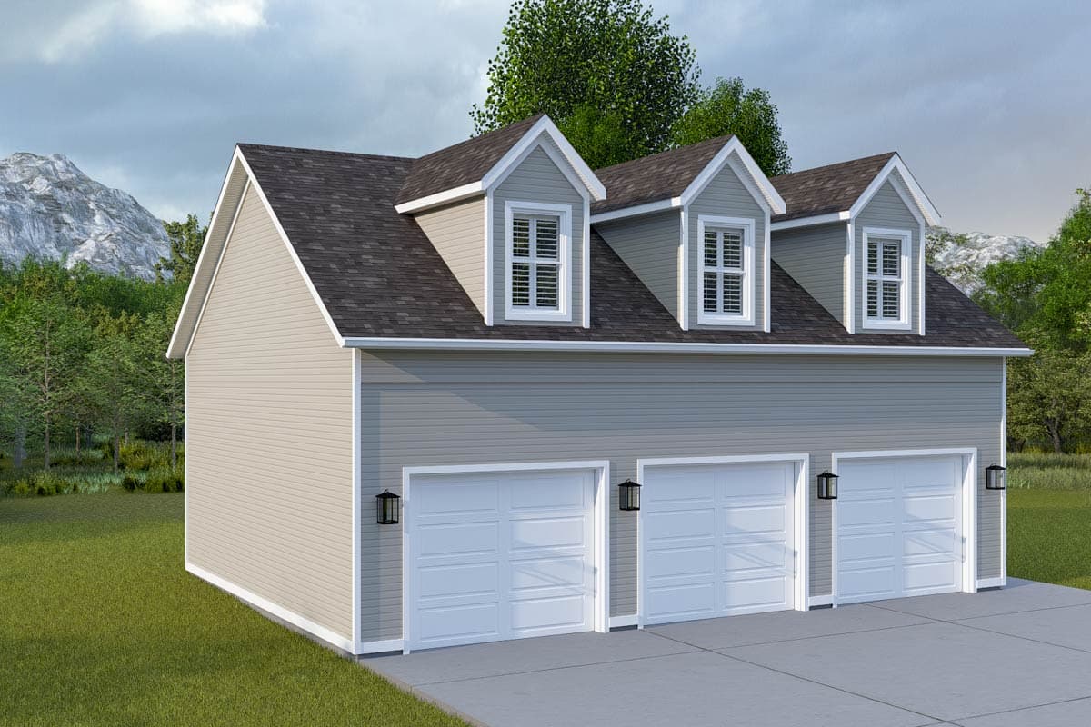 Three-car garage house plan exterior with three dormers and a dark asphalt roof.