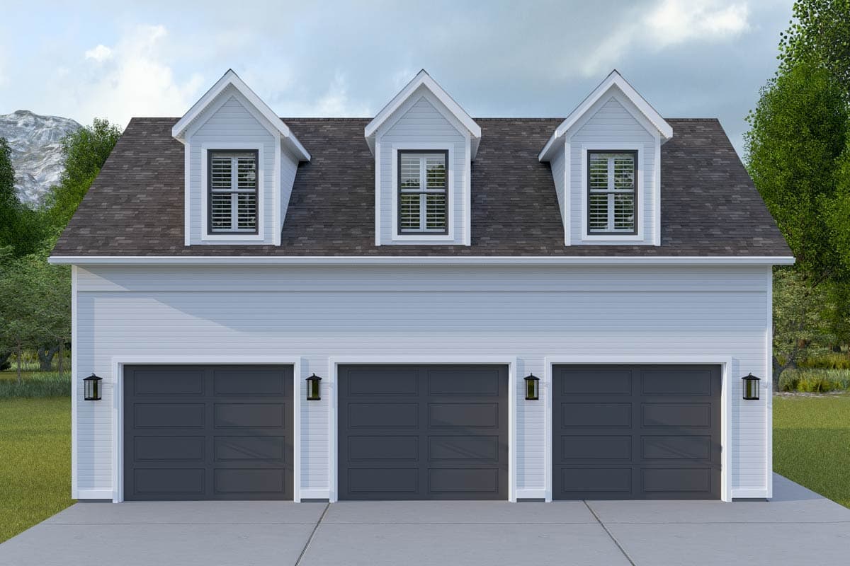 House plan exterior with three garage doors, three dormer windows, and light blue siding.