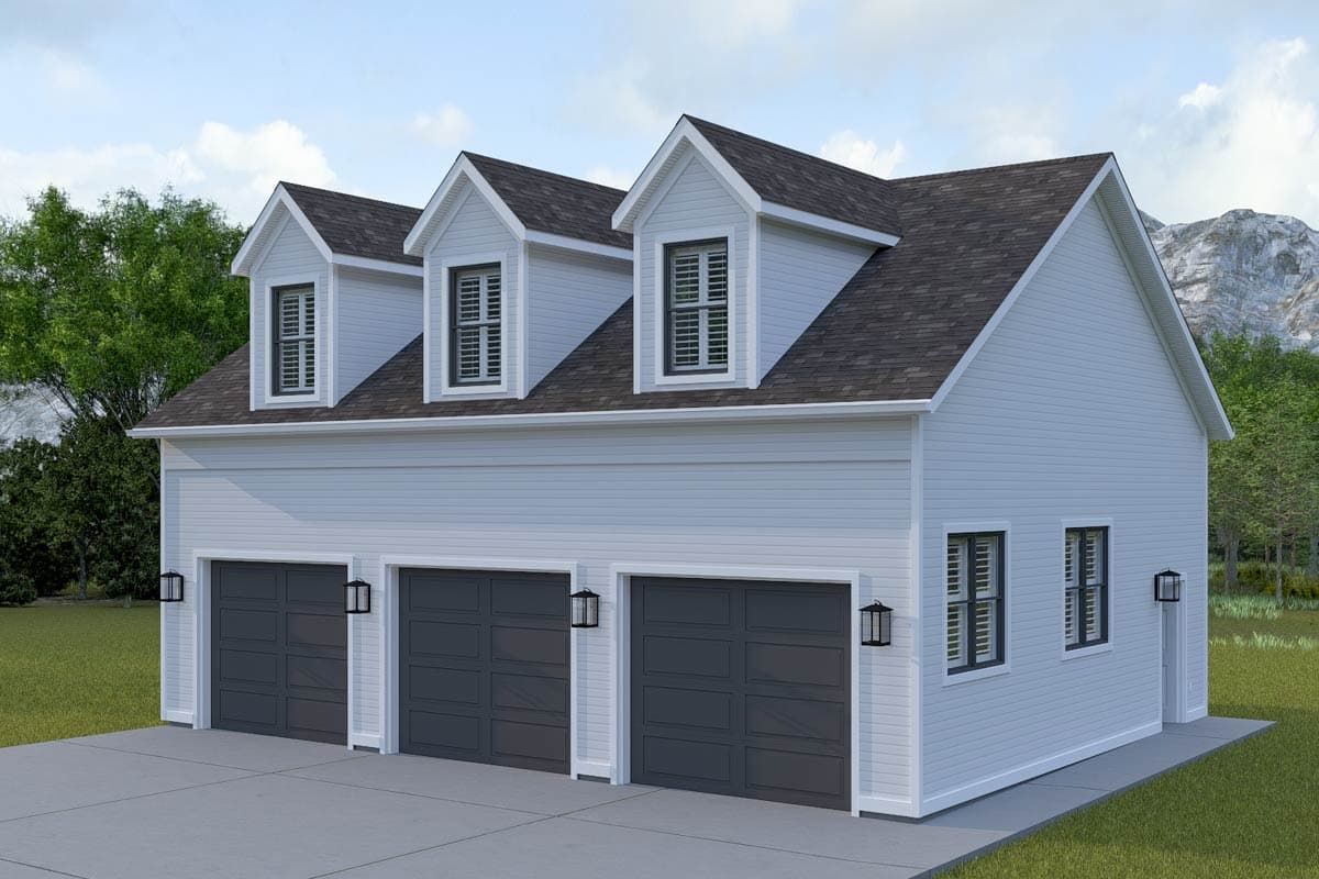 House plan exterior: two-story structure with three-car garage, dormers, and asphalt shingle roof.