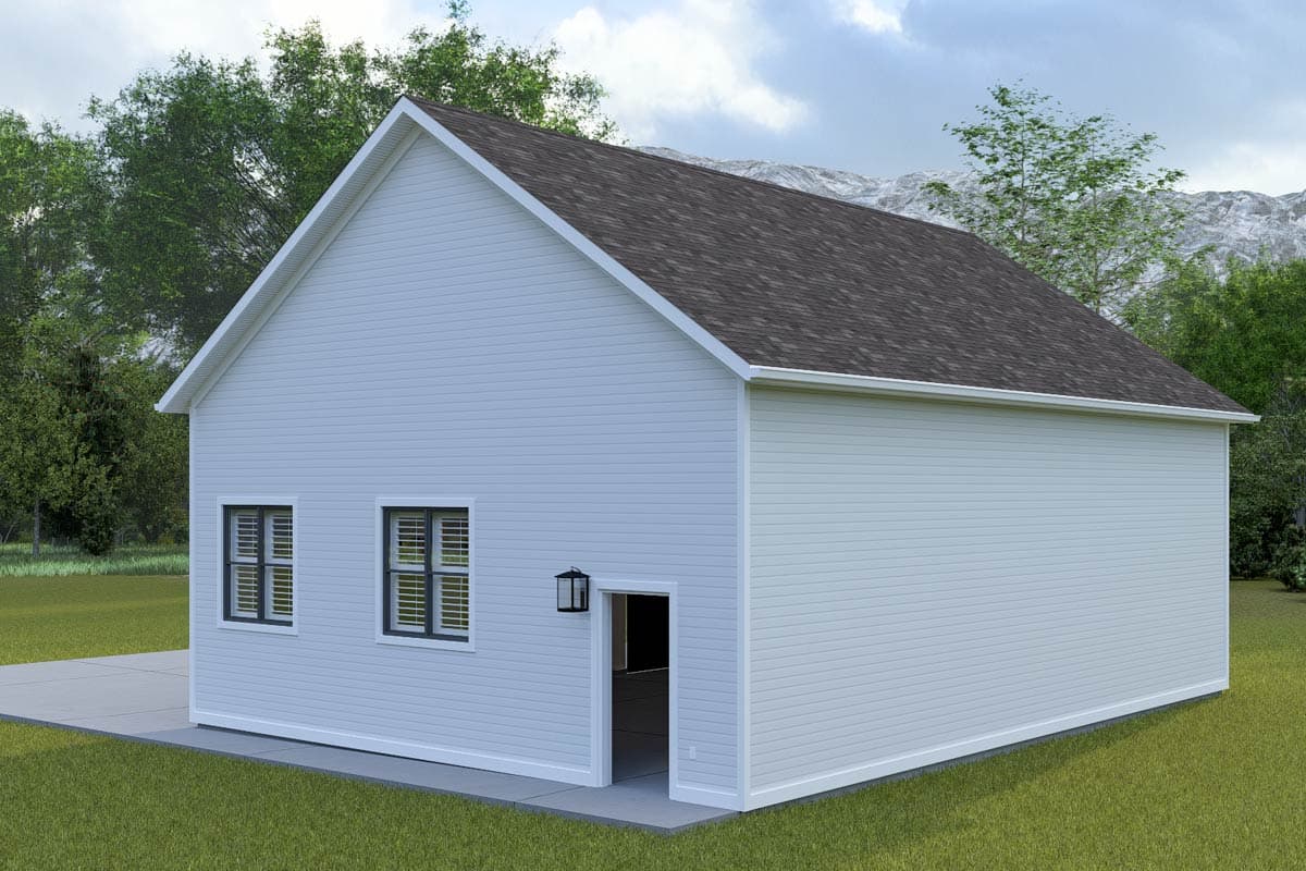 House plan exterior view of a two-story home with gabled roof, vinyl siding, two windows, and an open doorway.
