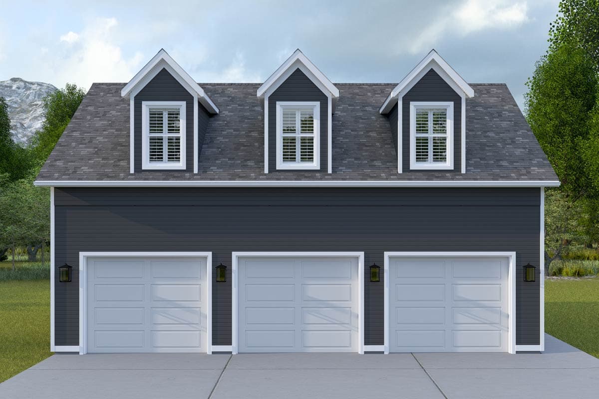 House plan exterior: three-bay garage with three gable dormers, each containing a window.